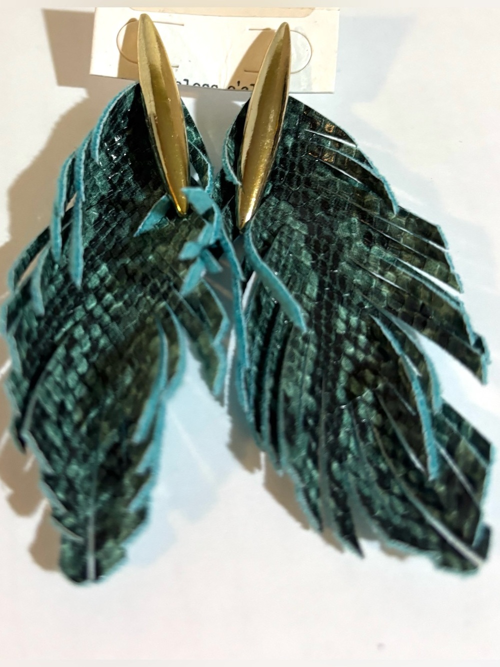 Teal Fringe Leaf leather Earrings with Gold Accent